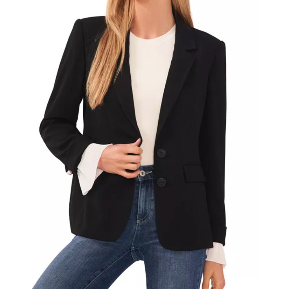 CeCe Black Women's Notched Collar Contrast Ruffled-Cuff Blazer XS